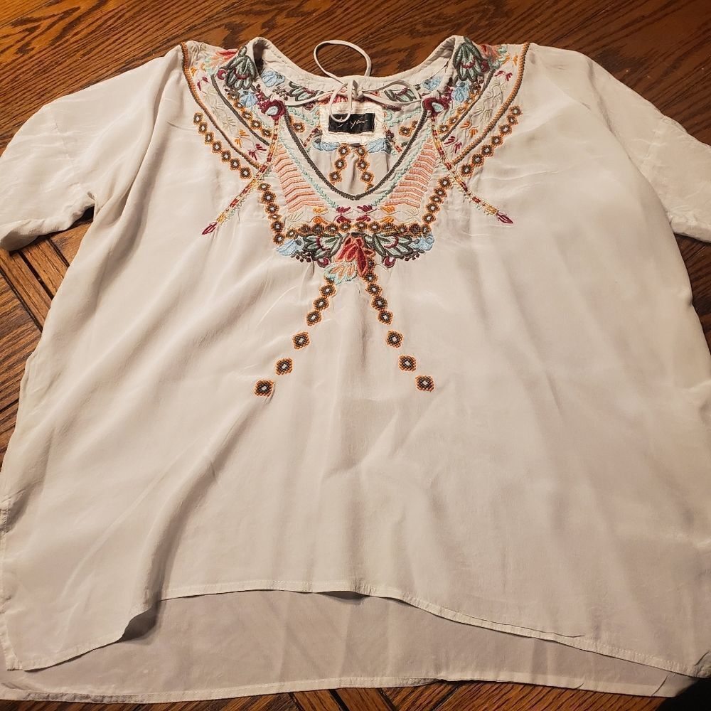 Johnny Was biya cream embroidered v neck tie blous